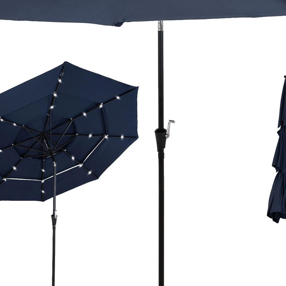 96" Dark Blue Polyester Octagonal Tilt Lighted Market Patio Umbrella