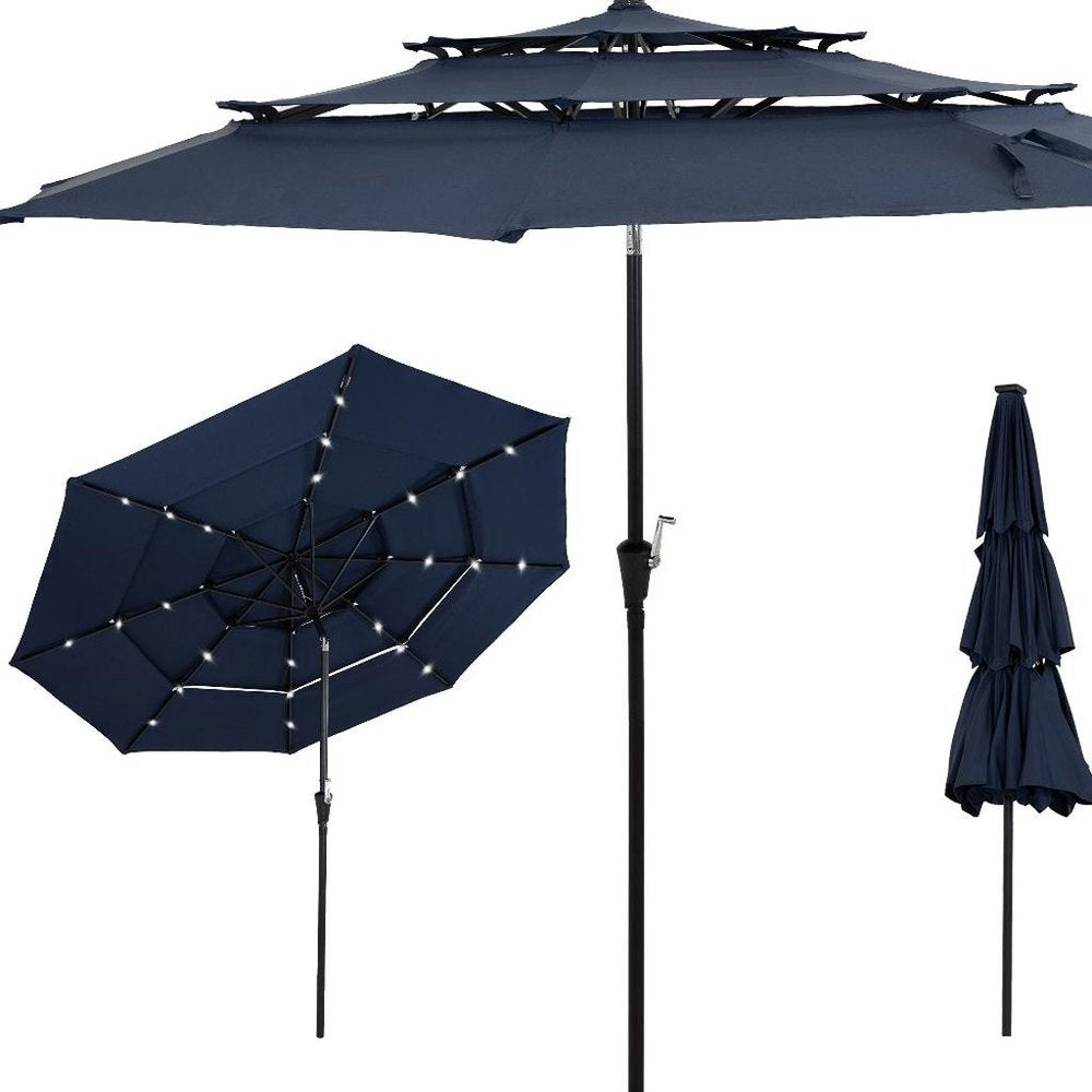 96" Dark Blue Polyester Octagonal Tilt Lighted Market Patio Umbrella