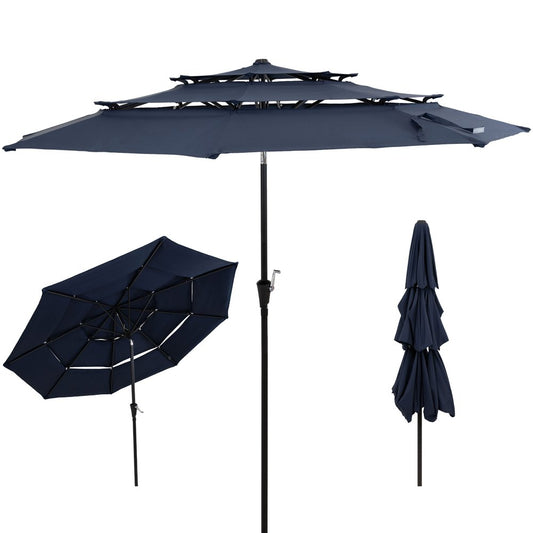 10' Dark Blue Polyester Octagonal Tilt Lighted Market Patio Umbrella