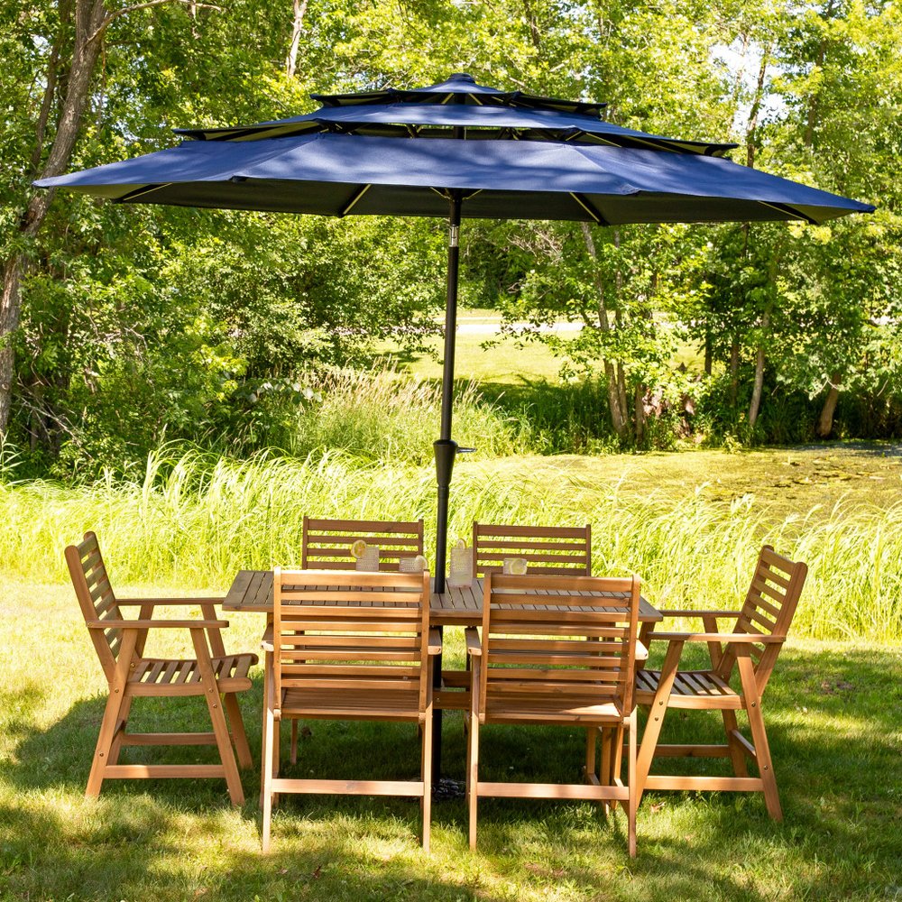96" Dark Blue Polyester Octagonal Tilt Lighted Market Patio Umbrella