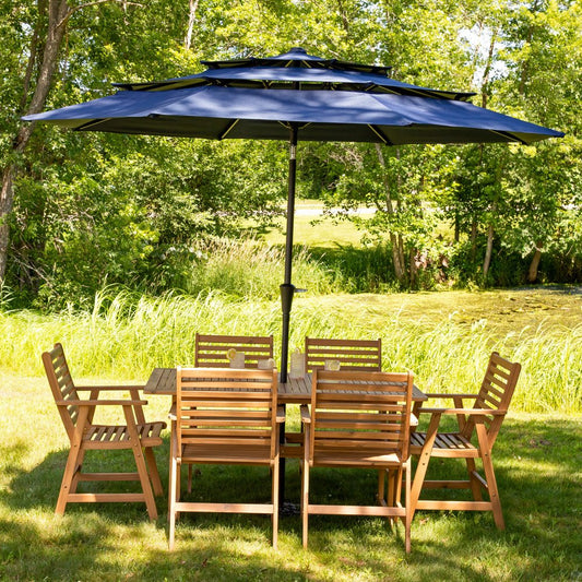 96" Dark Blue Polyester Octagonal Tilt Lighted Market Patio Umbrella