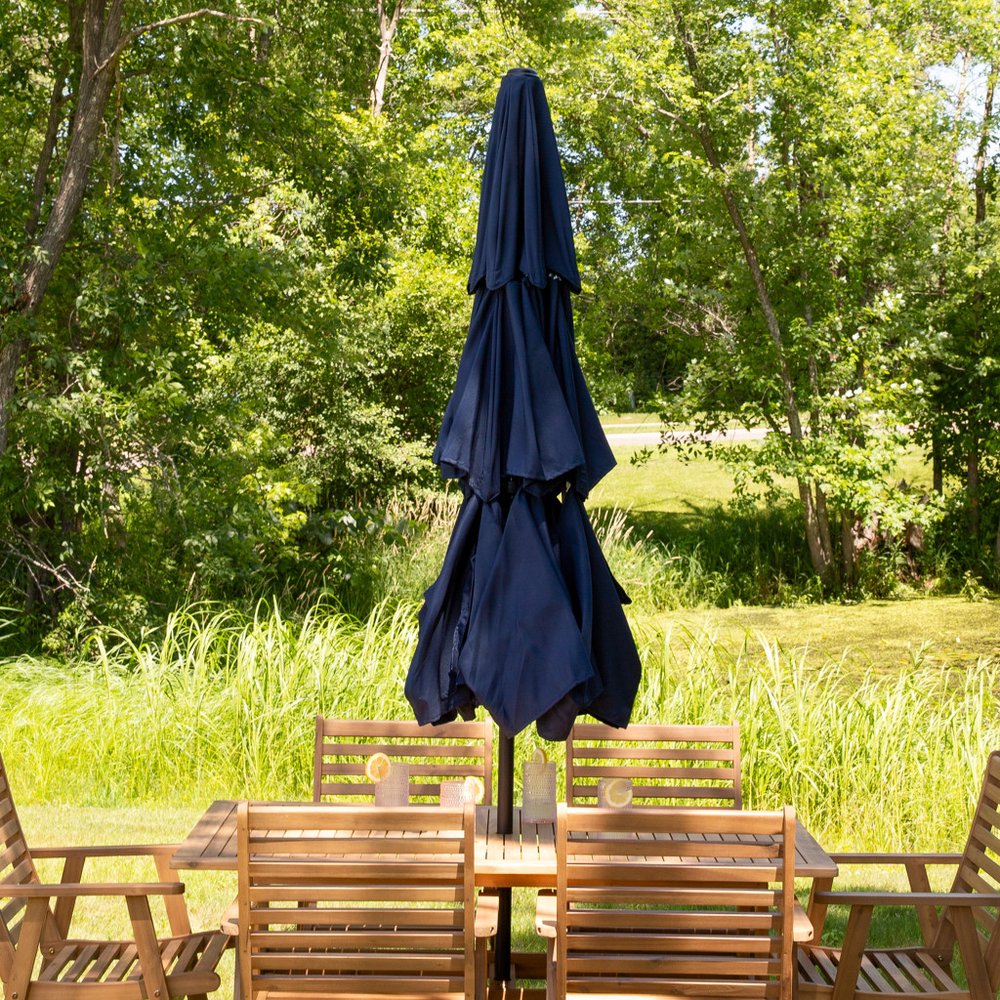 96" Dark Blue Polyester Octagonal Tilt Lighted Market Patio Umbrella