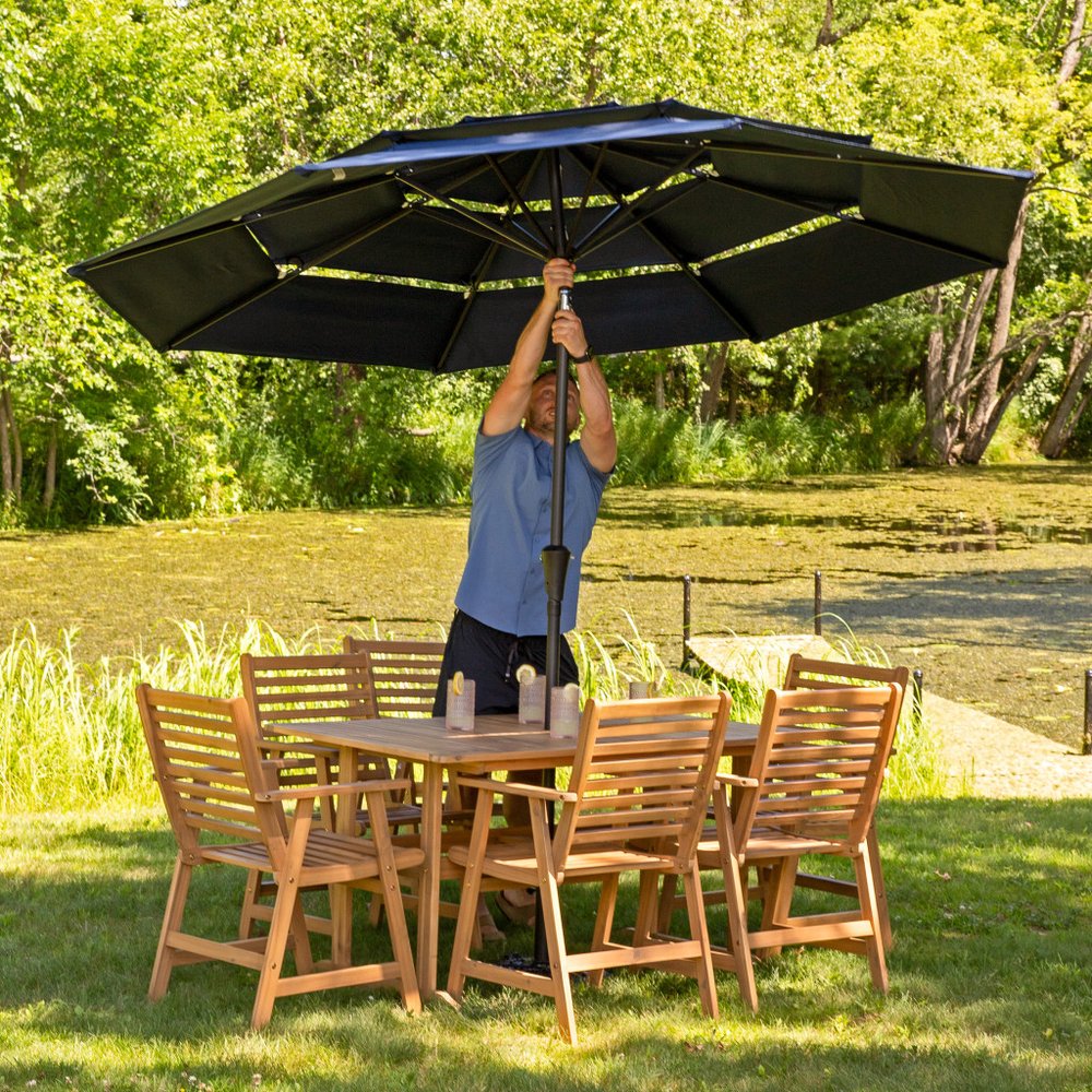 96" Dark Blue Polyester Octagonal Tilt Lighted Market Patio Umbrella