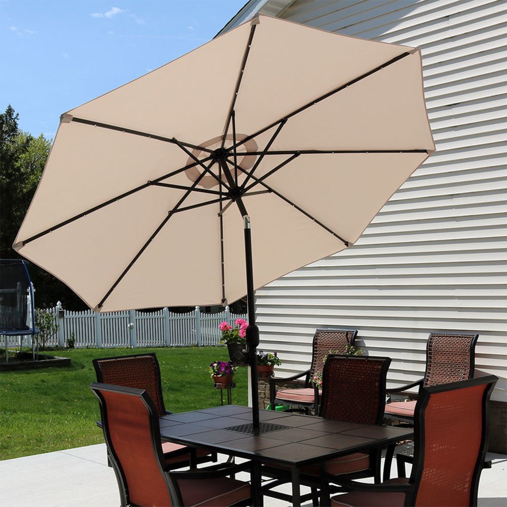 96" Beige Polyester Octagonal Tilt Lighted Market Patio Umbrella