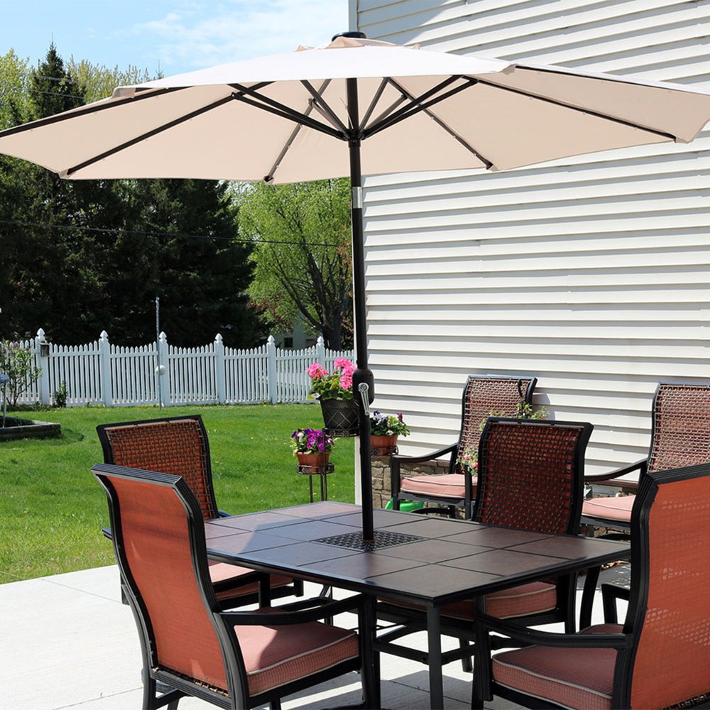 96" Beige Polyester Octagonal Tilt Lighted Market Patio Umbrella