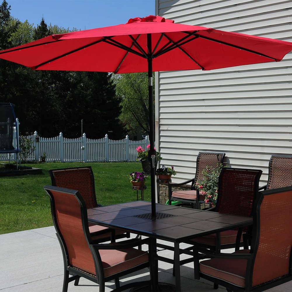 96" Red Polyester Octagonal Tilt Lighted Market Patio Umbrella