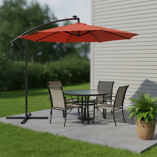 95" Dark Orange Polyester Octagonal Tilt Lighted Market Patio Umbrella with Stand
