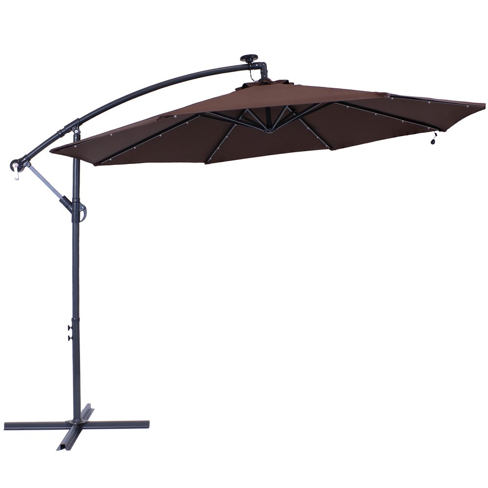 95" Brown Polyester Octagonal Tilt Lighted Market Patio Umbrella with Stand