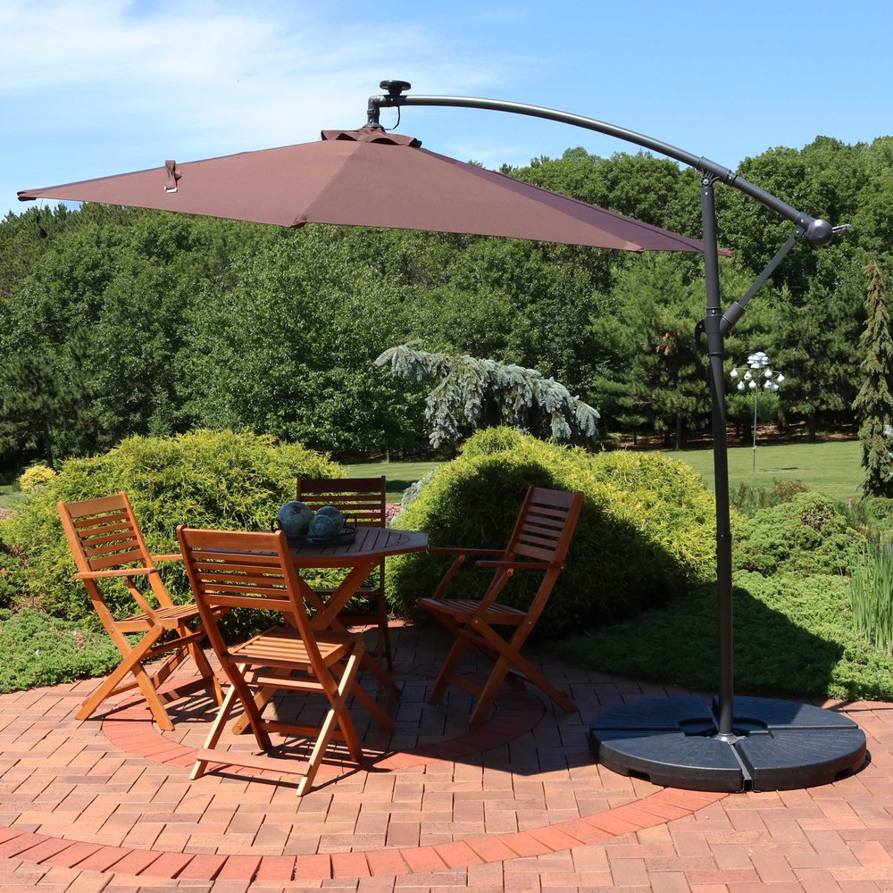 95" Brown Polyester Octagonal Tilt Lighted Market Patio Umbrella with Stand