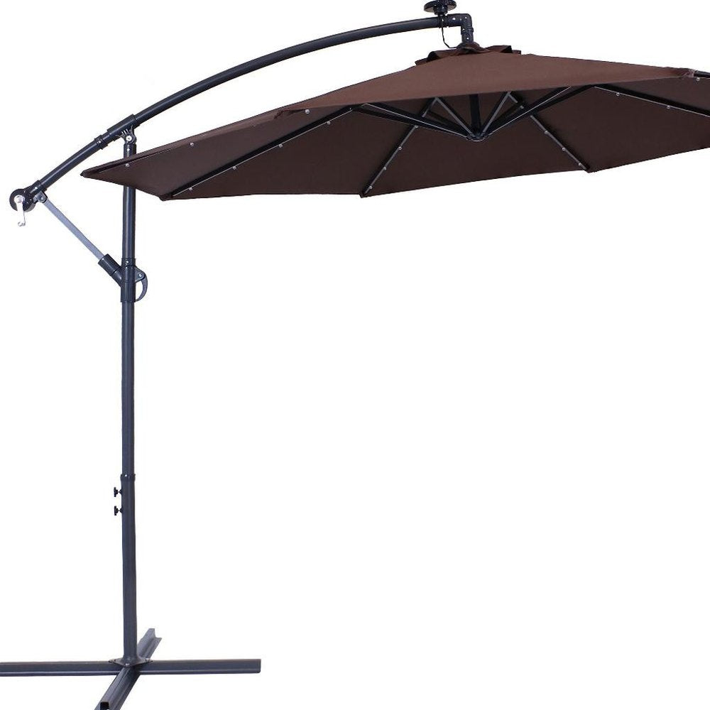 95" Brown Polyester Octagonal Tilt Lighted Market Patio Umbrella with Stand