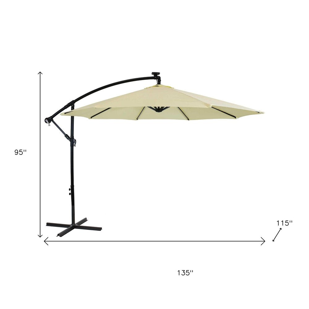 95" Cream Polyester Octagonal Tilt Lighted Market Patio Umbrella with Stand