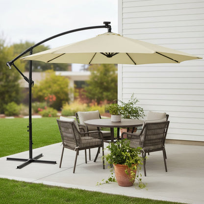 95" Cream Polyester Octagonal Tilt Lighted Market Patio Umbrella with Stand