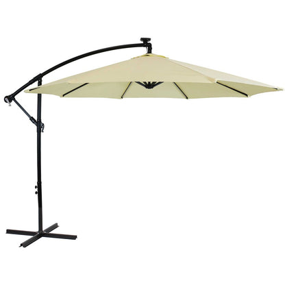 95" Cream Polyester Octagonal Tilt Lighted Market Patio Umbrella with Stand