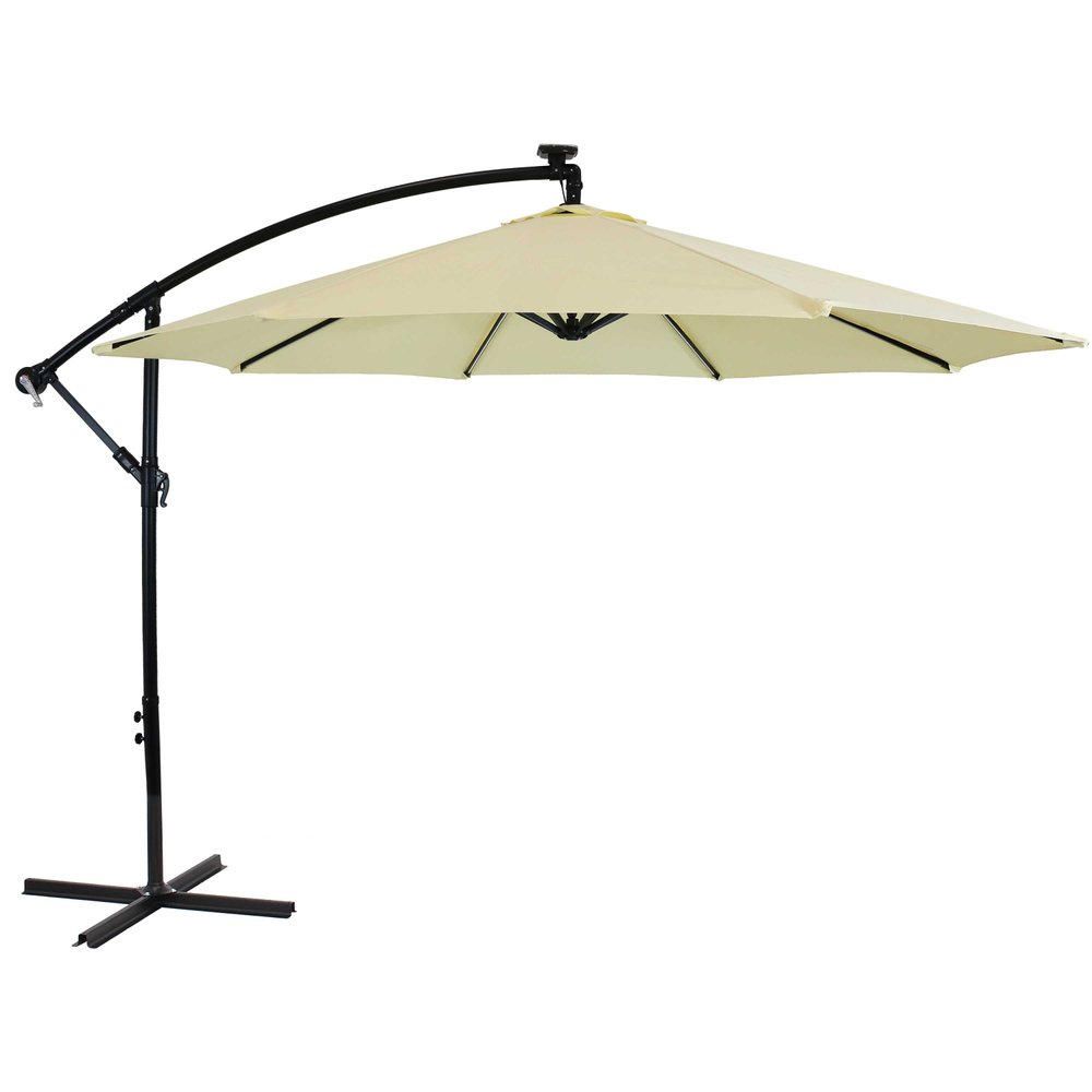 95" Cream Polyester Octagonal Tilt Lighted Market Patio Umbrella with Stand