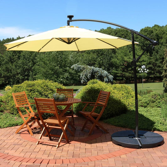 95" Cream Polyester Octagonal Tilt Lighted Market Patio Umbrella with Stand