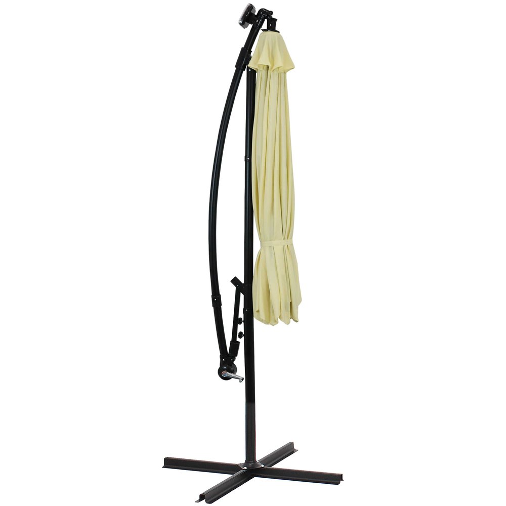 95" Cream Polyester Octagonal Tilt Lighted Market Patio Umbrella with Stand