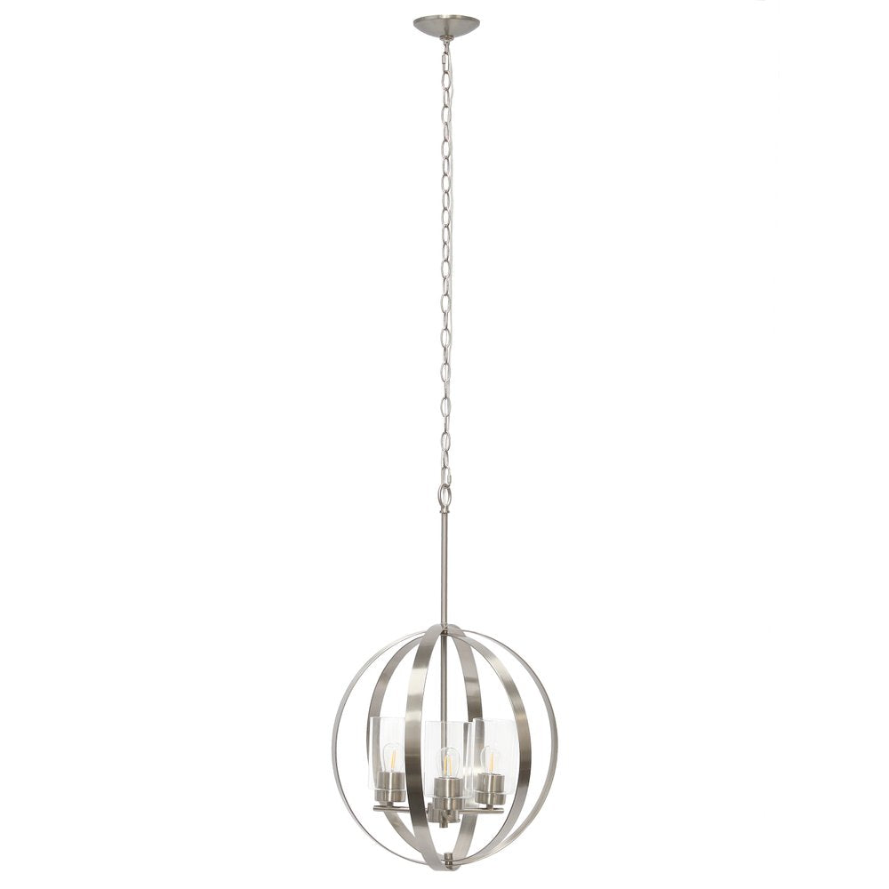 Nickel And Clear Sphere Three Light Iron Ceiling Light With Nickel Shades