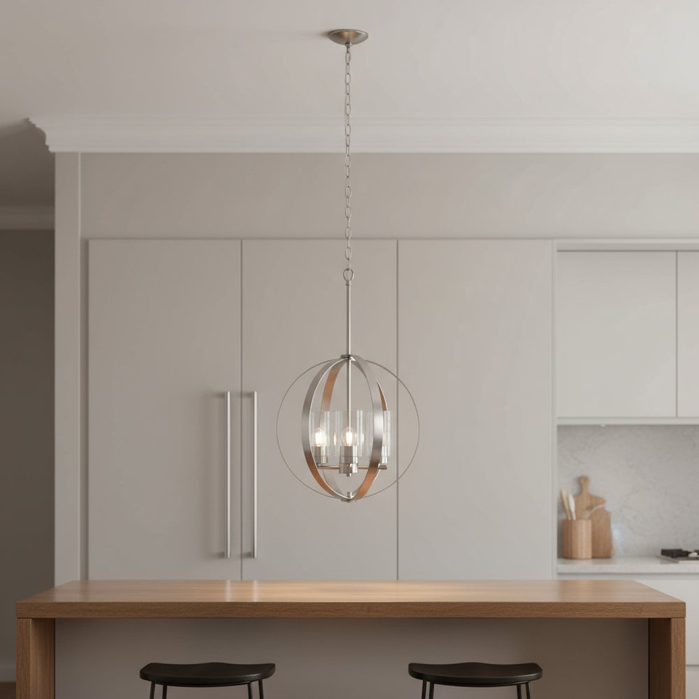 Nickel And Clear Sphere Three Light Iron Ceiling Light With Nickel Shades