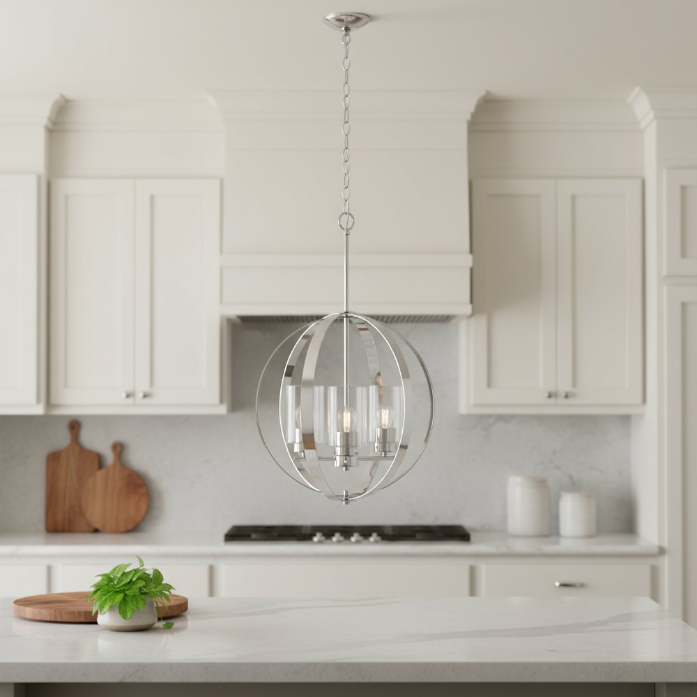 Clear And Silver Sphere Three Light Iron Ceiling Light With Silver Shades