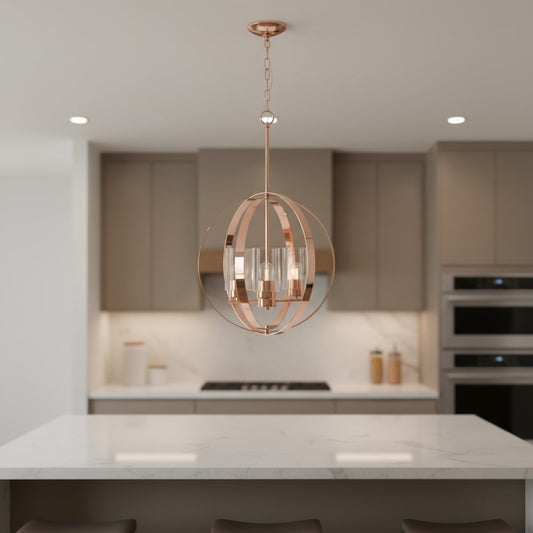Rose Gold And Clear Sphere Three Light Iron Ceiling Light With Rose Gold Shades
