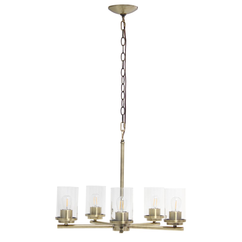 Antiqued Brass And Clear Chandelier Five Light Iron Ceiling Light With Clear Shades