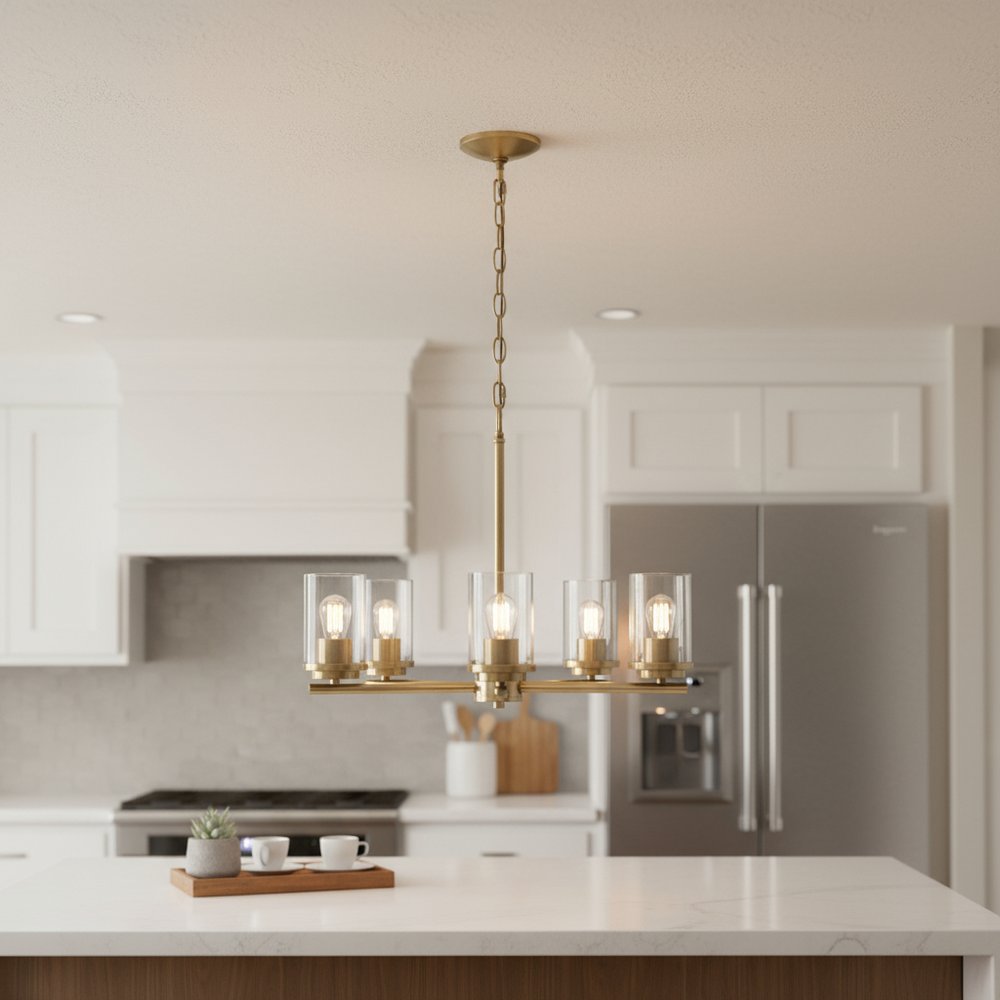 Antiqued Brass And Clear Chandelier Five Light Iron Ceiling Light With Clear Shades