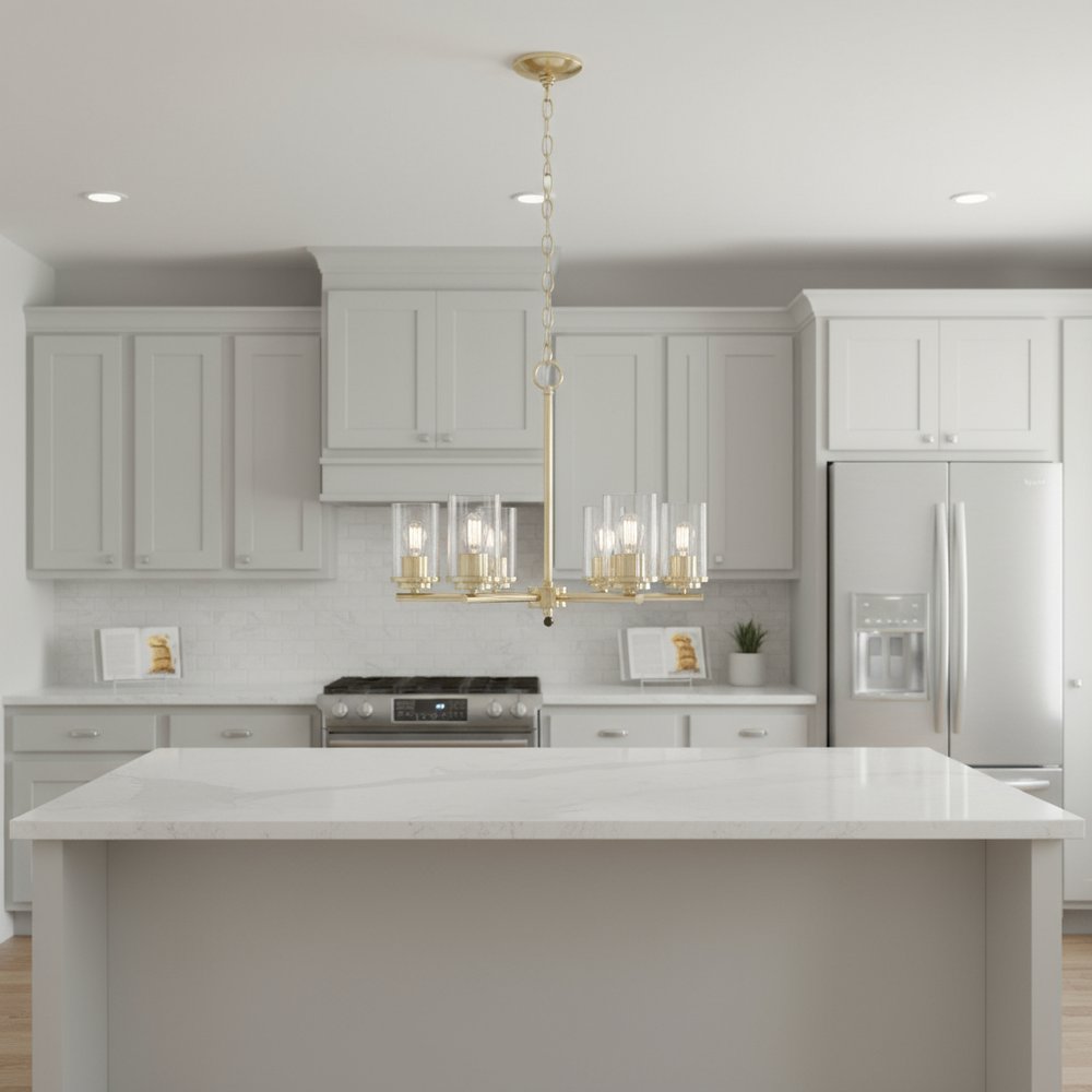 Gold And Clear Chandelier Five Light Iron Ceiling Light With Clear Shades