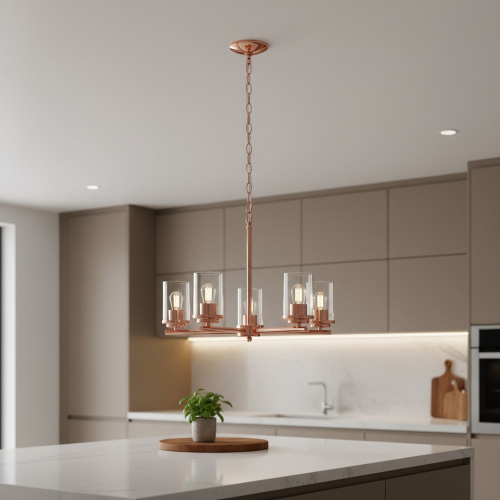 Rose Gold And Clear Chandelier Five Light Iron Ceiling Light With Clear Shades