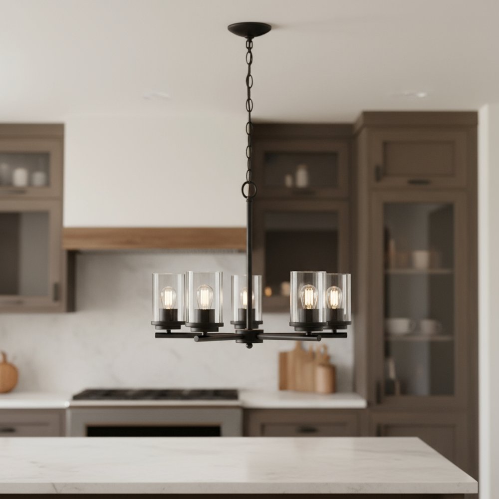 Bronze And Clear Chandelier Five Light Iron Ceiling Light With Clear Shades