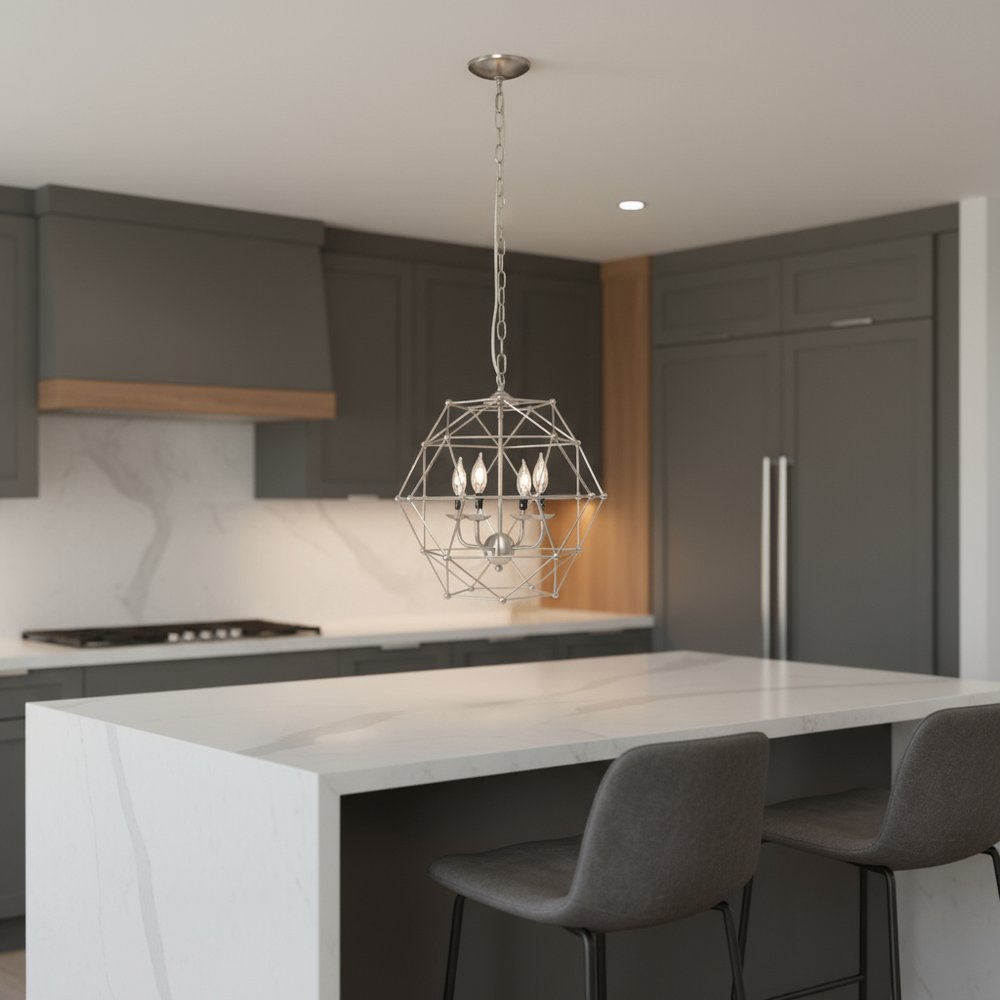 Nickel Candle Style Four Light Metal Ceiling Light With Nickel Shades