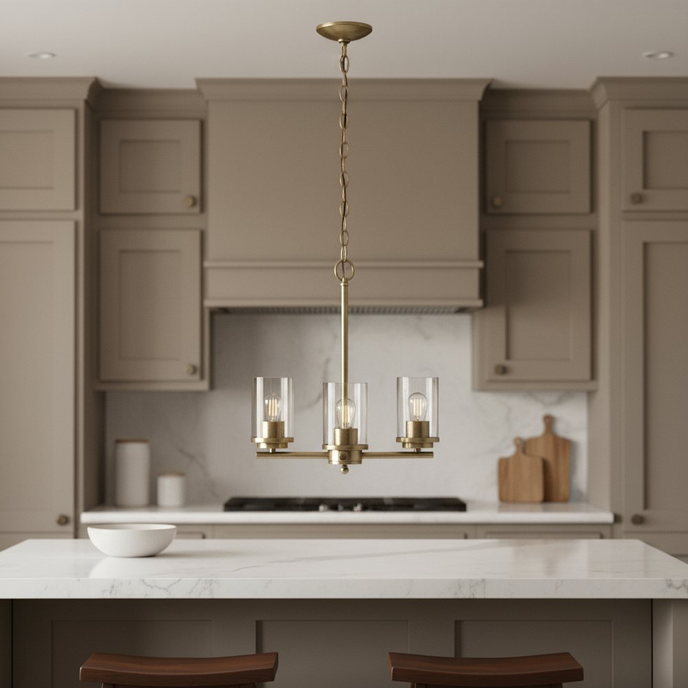 Antiqued Brass And Clear Chandelier Three Light Iron Ceiling Light With Clear Shades