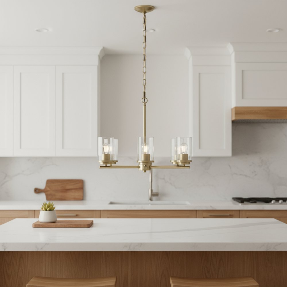 Antiqued Brass And Clear Chandelier Five Light Iron Ceiling Light With Clear Shades