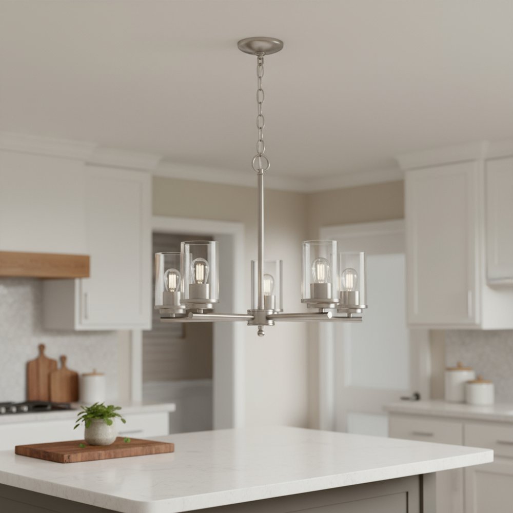 Nickel And Clear Chandelier Five Light Iron Ceiling Light With Clear Shades