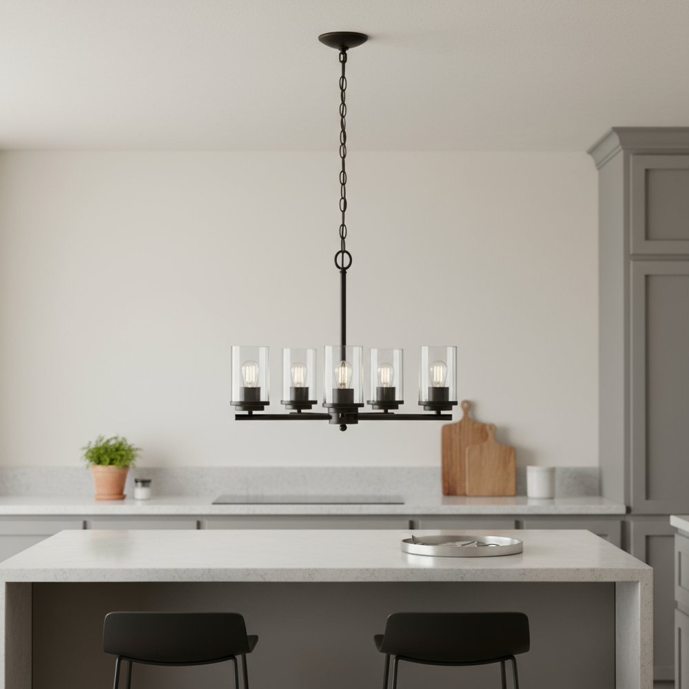 Bronze And Clear Chandelier Five Light Iron Ceiling Light With Clear Shades