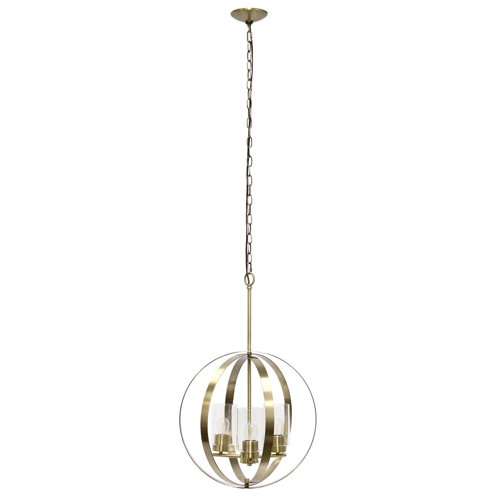 Antiqued Brass And Clear Sphere Three Light Iron Ceiling Light With Antiqued Brass And Clear Shades