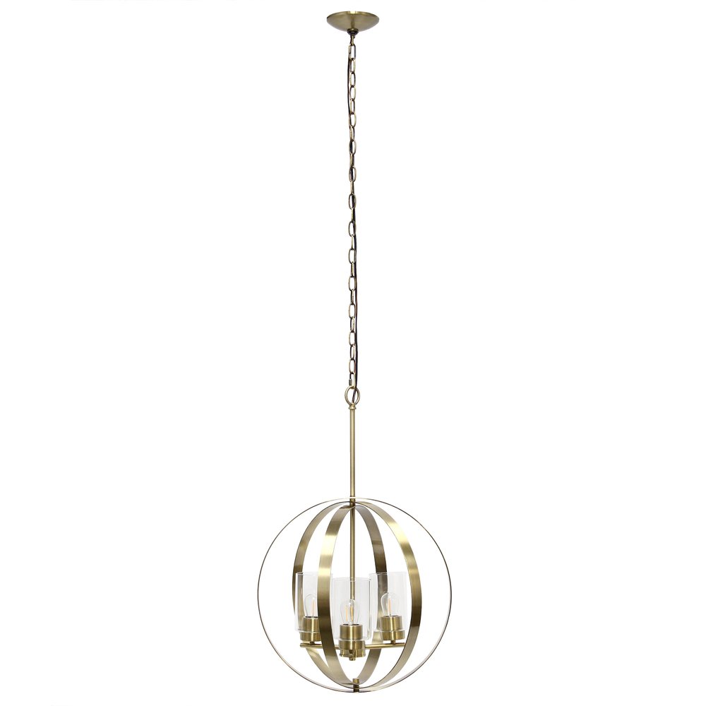 Antiqued Brass And Clear Sphere Three Light Iron Ceiling Light With Antiqued Brass And Clear Shades