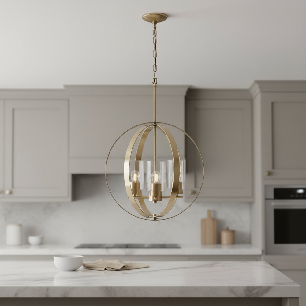 Antiqued Brass And Clear Sphere Three Light Iron Ceiling Light With Antiqued Brass And Clear Shades