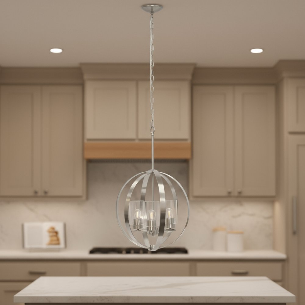 Nickel And Clear Sphere Three Light Iron Ceiling Light With Nickel And Clear Shades