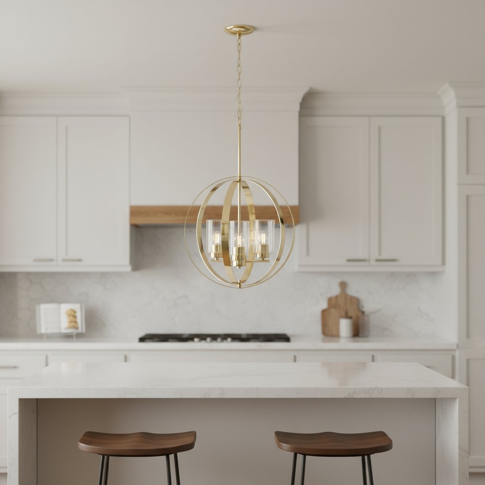 Gold And Clear Sphere Three Light Iron Ceiling Light With Clear Shades