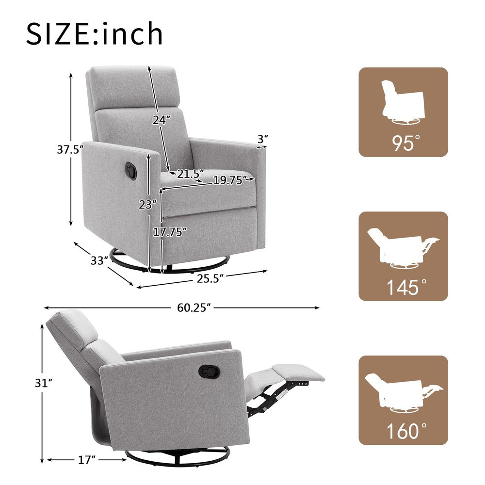26" Gray Tufted Linen Gliding Swivel Manual Rocker Recliner