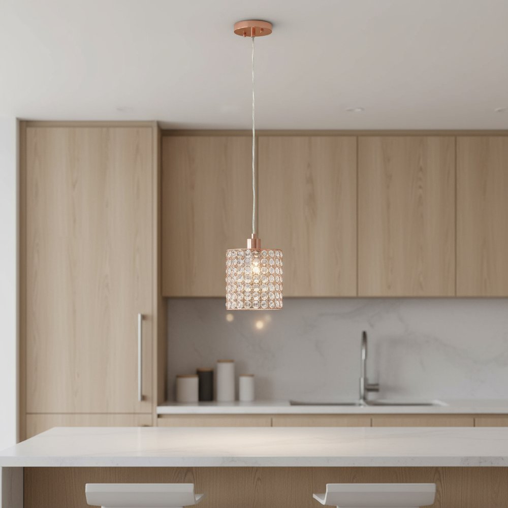 Rose Gold And Clear Cylinder Crystal Ceiling Light With Clear Shades