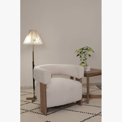 31" White and Brown Boucle and Solid Wood Arm Chair