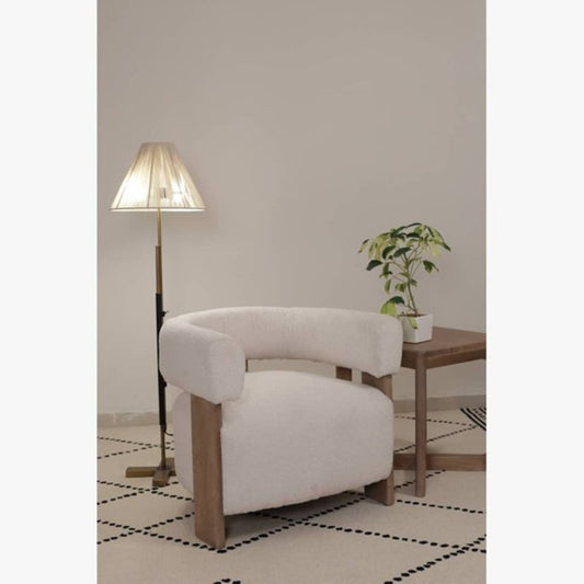 31" White and Brown Boucle and Solid Wood Arm Chair