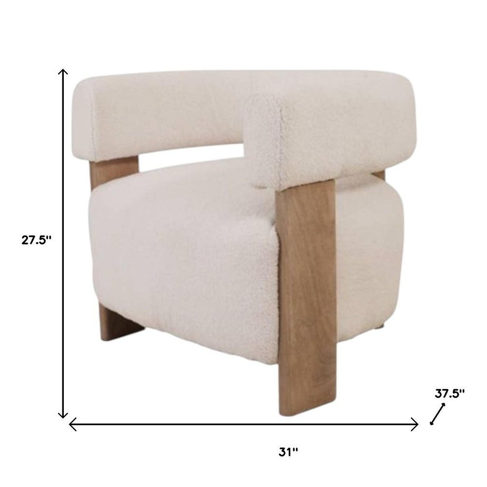 31" White and Brown Boucle and Solid Wood Arm Chair