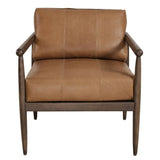 28" Brown Genuine Leather and Solid Wood Arm Chair