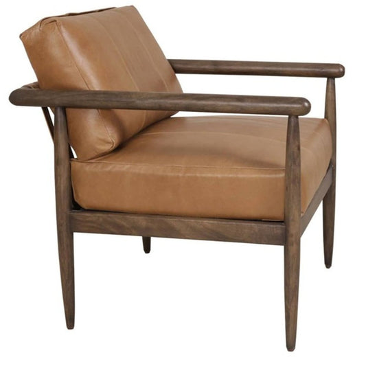 28" Brown Genuine Leather and Solid Wood Arm Chair