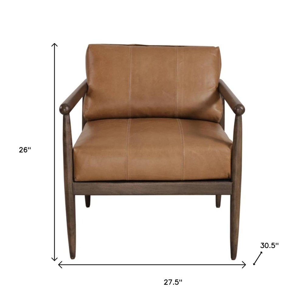 28" Brown Genuine Leather and Solid Wood Arm Chair