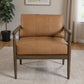 28" Brown Genuine Leather and Solid Wood Arm Chair