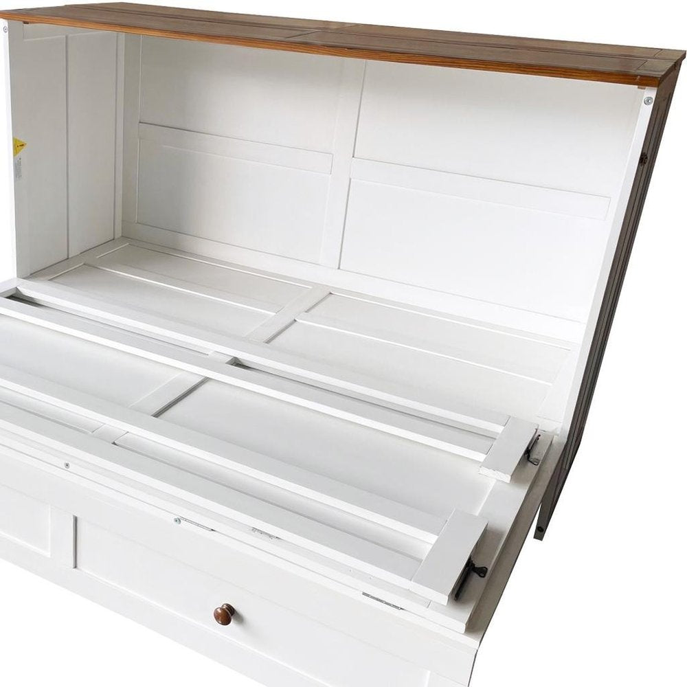 White Wood Queen Murphy Bed With USB And Drawer