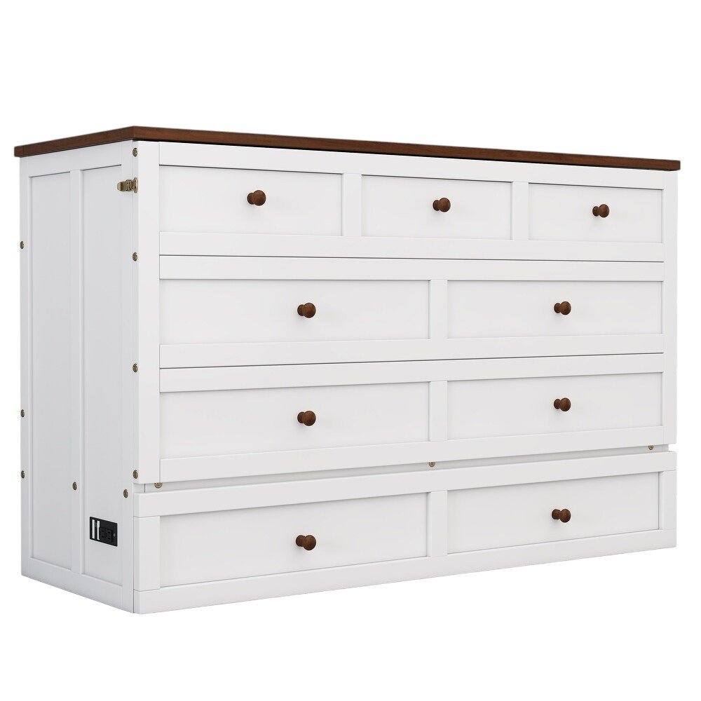 White Wood Full Murphy Bed With USB And Drawer